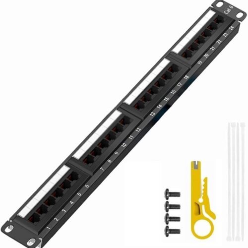 24 Port Patch Panel Unshielded RJ45 Cat6 Compatible with Cat5e 568A/B Rackmount Wallmount 19in.x1U(1.75in.) Free Wire Stripper