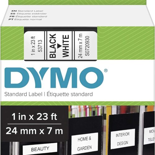 DYMO Standard D1 53713 Labeling Tape (Black Print on White Tape, 1” W x 23′ L, 1 Cartridge)