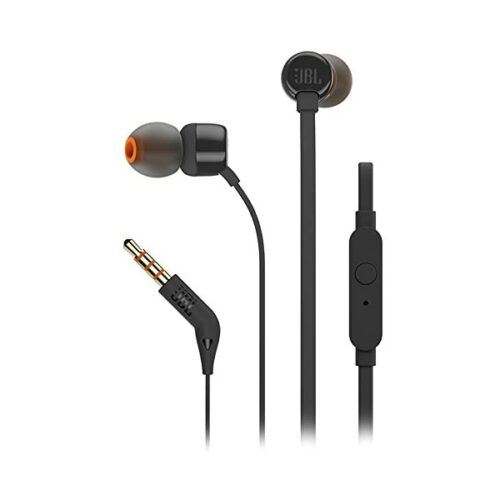 JBL Tune 110 Wired In-Ear Headphones, Deep and Powerful Pure Bass Sound, 1-Button Remote/Mic, Tangle-Free Flat Cable, Ultra Comfortable Fit – Black, JBLT110BLK
